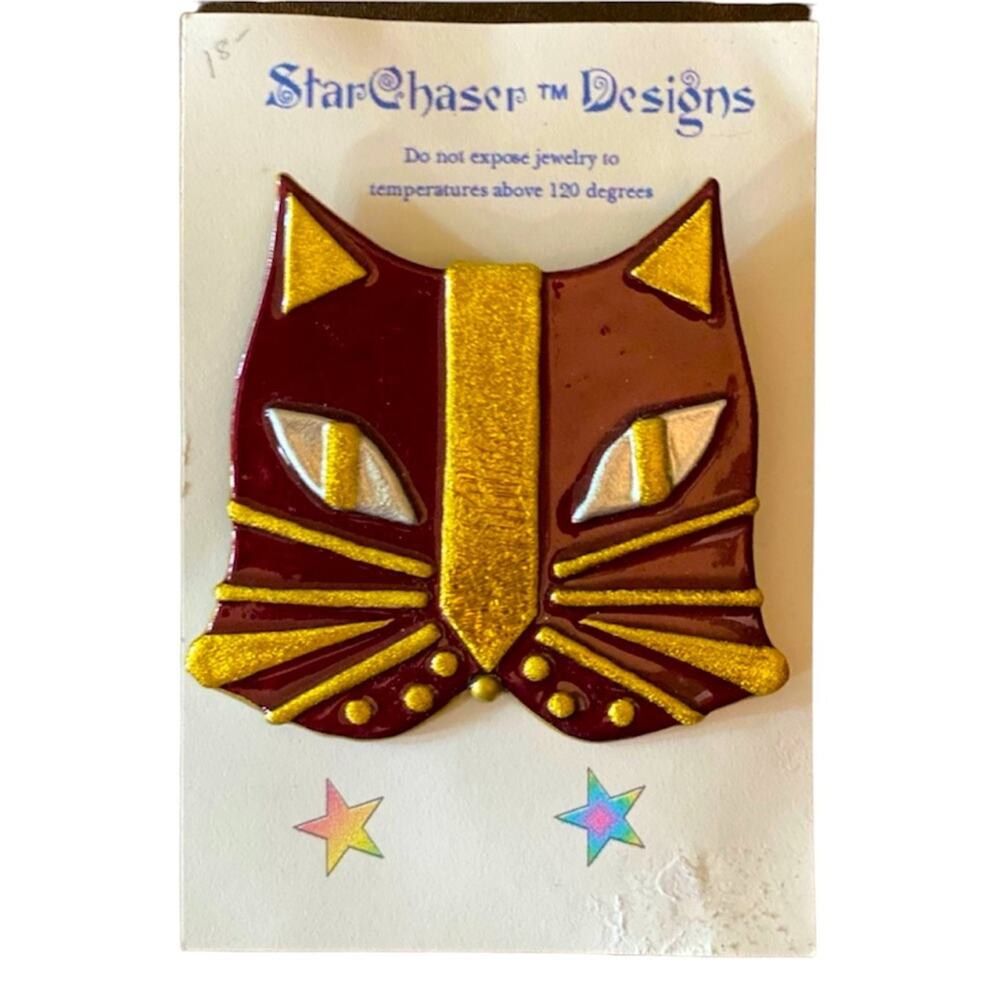 Star Chaser Design Cat pin Maroon Gold Silver Cat face Maria Filsoa PA abstract